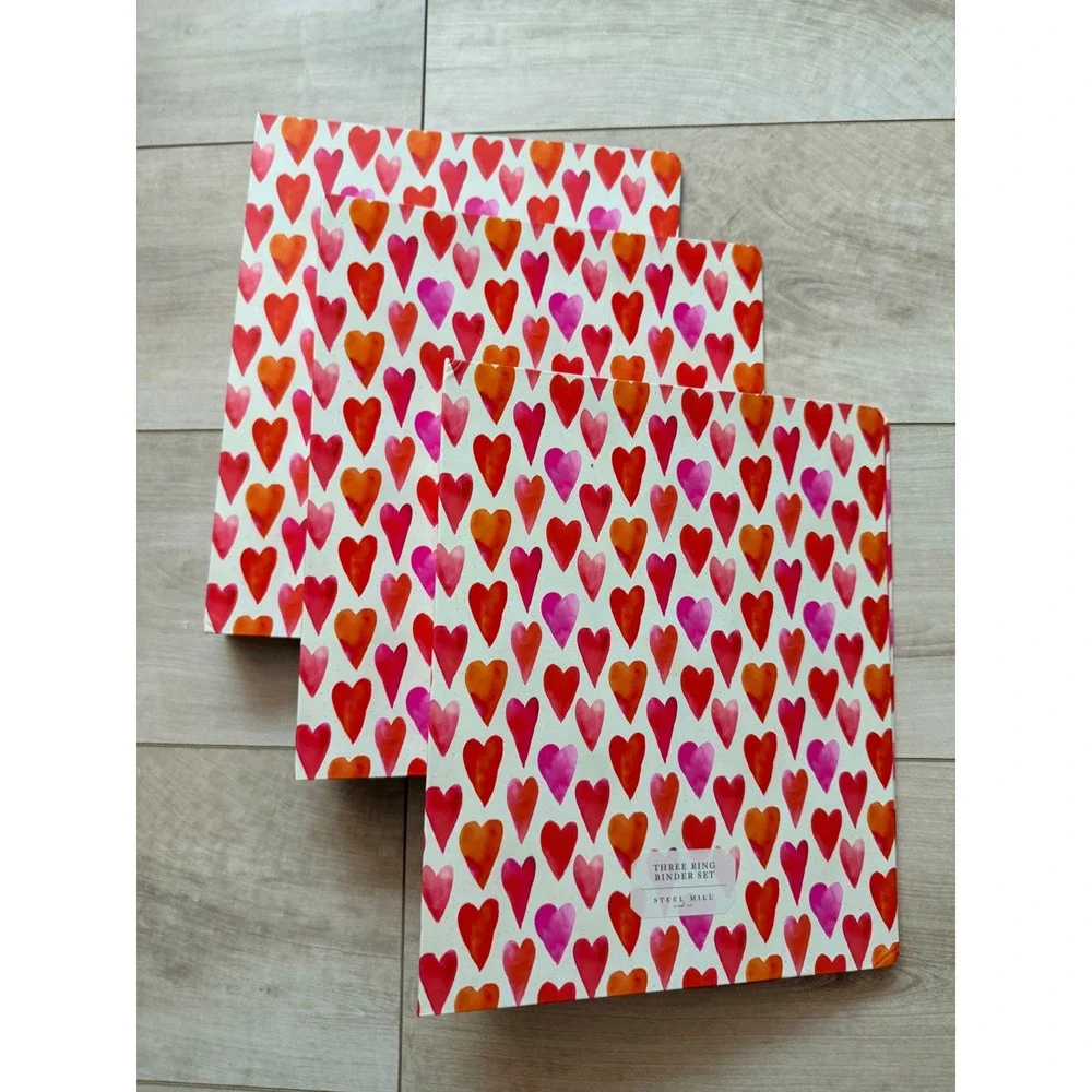 Steel Mill & Co Watercolor Heart Three-Ring Binder Set Red Pink Orange Cream